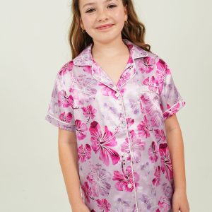 Girls Pink Hibiscus Satin Short Pyjama Set