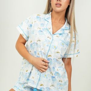Blue Daisies And Bees Jersey Knit Cotton Short PJ Set