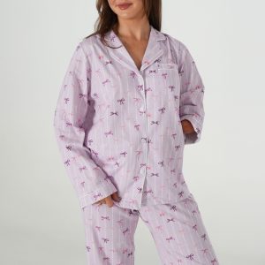 Lilac Ballet Bows Jersey Knit Cotton Long PJ Set