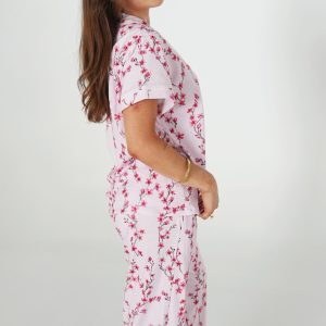 Cherry Blossom Jersey Knit Cotton Short Top / Long Pants PJ Set